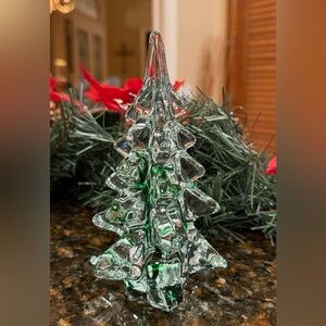 Vintage Price Products Crystal Clear Glass /Green Stripe Christmas Tree 6" Tall
